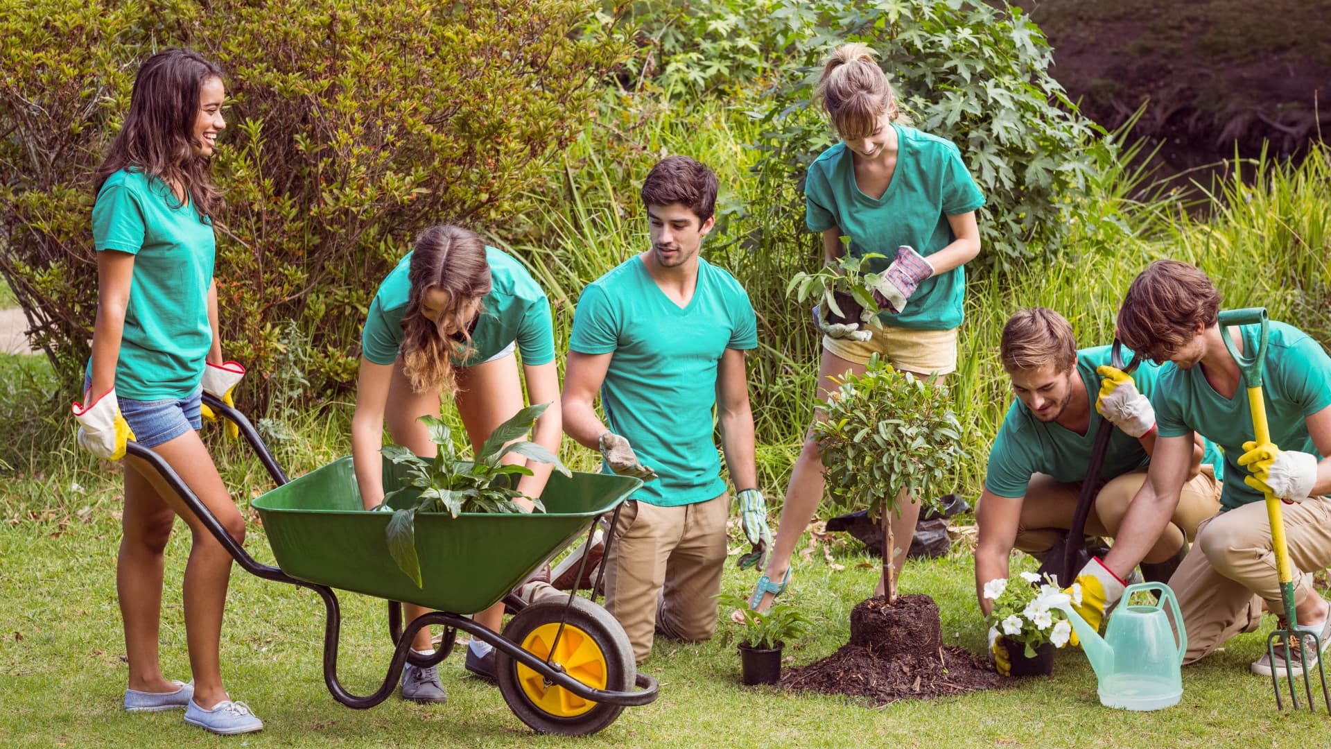 Young people working together on a landscaping project